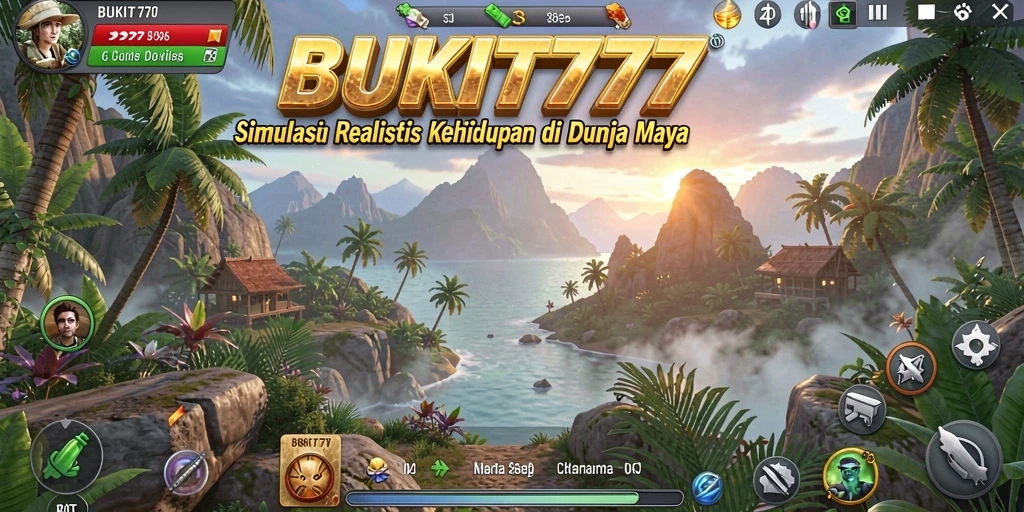 Tampilan gameplay BUKIT777 dengan karakter yang berinteraksi di dunia maya.