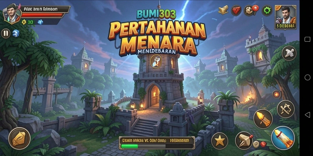 Tangkapan layar BUMI303 menampilkan pertarungan taktis menara yang intens.