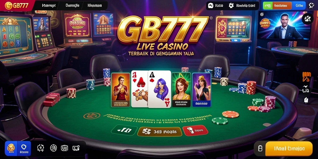 Screenshot GB777 menunjukkan dealer interaktif dan permainan kasino yang mendebarkan.