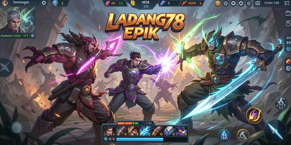 Tangkapan layar utama LADANG78 menampilkan aksi pertarungan MOBA yang seru.