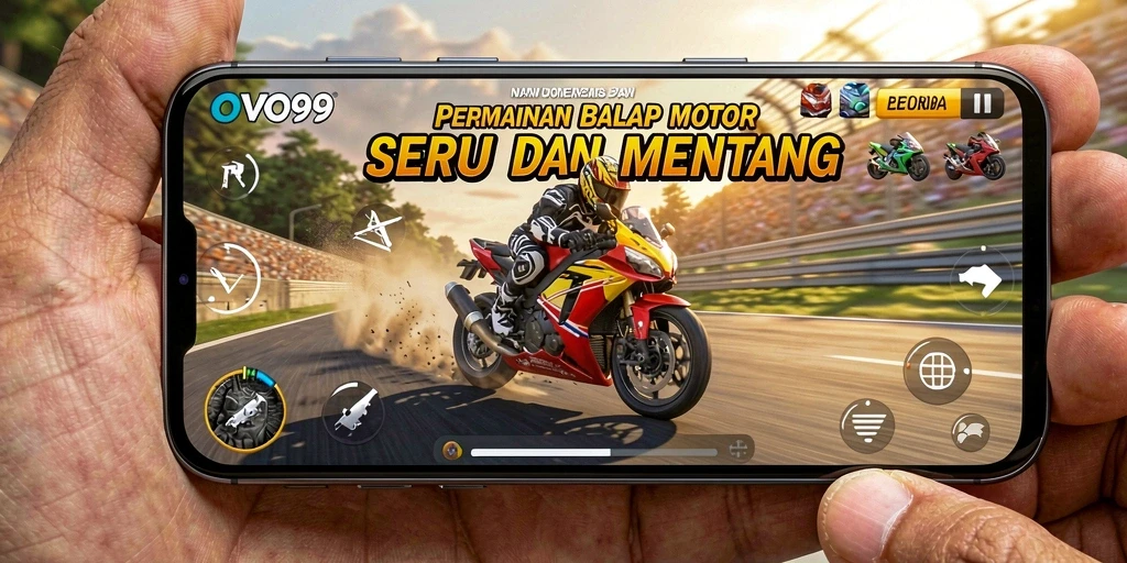 Screenshot gameplay OVO99 menampilkan aksi balapan motor yang mendebarkan.