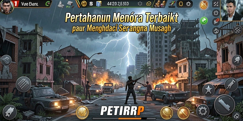 Tangkapan layar gameplay <strong>PETIRRP</strong> yang menunjukkan strategi menara yang mendebarkan.