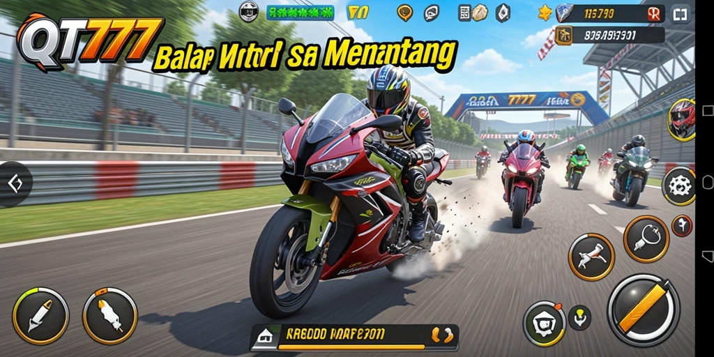 Screenshot utama QT777 menampilkan aksi balap motor yang mendebarkan.