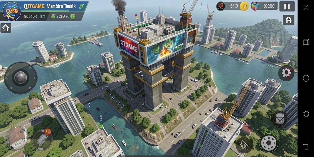 Gameplay QTGAME menunjukkan aksi menara bertahan melawan musuh yang datang.