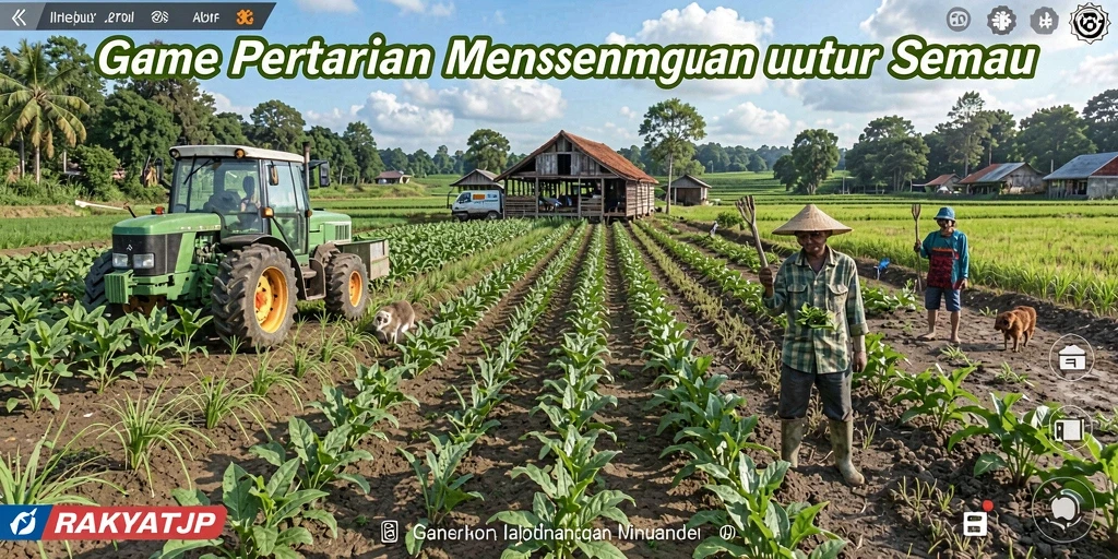Screenshot gameplay RAKYATJP dengan ladang subur dan hewan ternak.