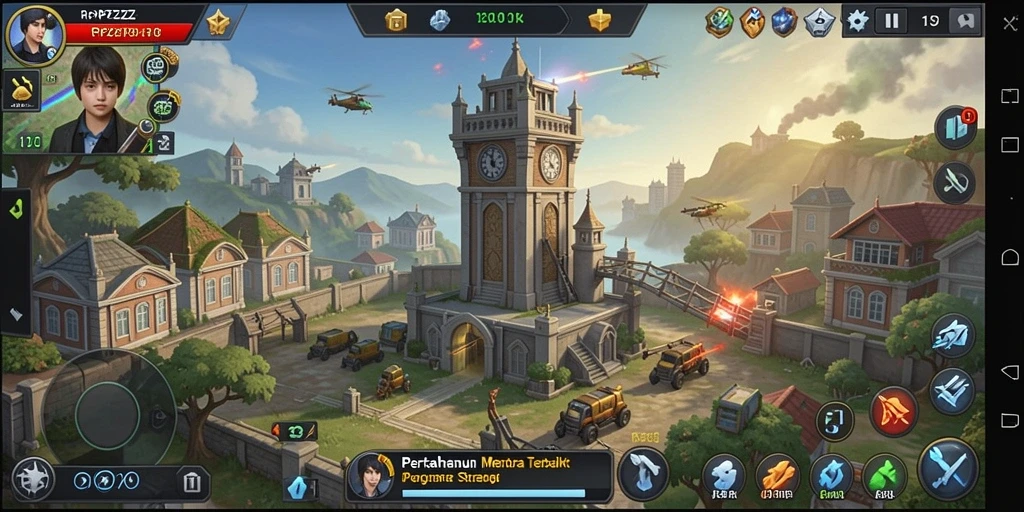 Screenshot gameplay RPZZZ menampilkan pertempuran menara yang megah dan seru.