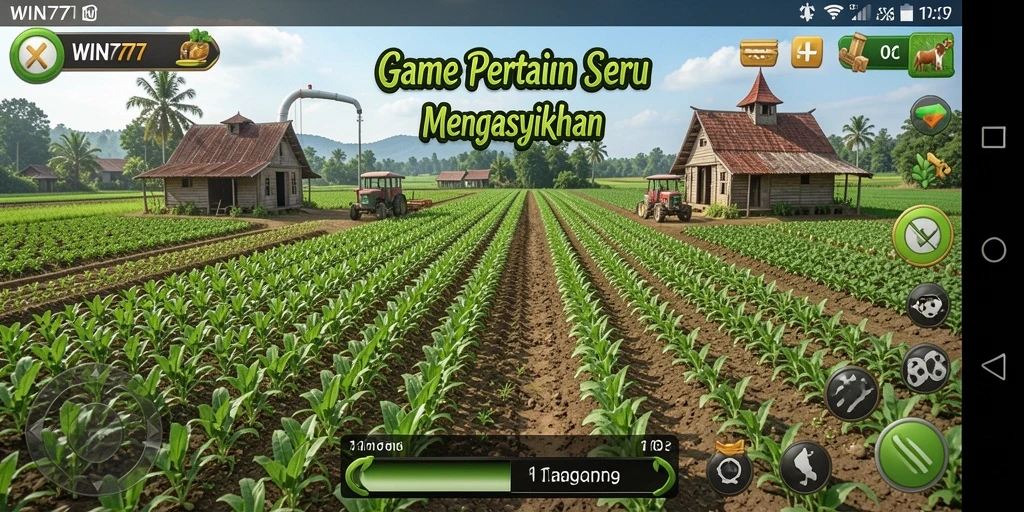 Tangkapan layar gameplay <strong>WIN777</strong> memperlihatkan ladang yang subur dan hewan ternak yang sedang dirawat.