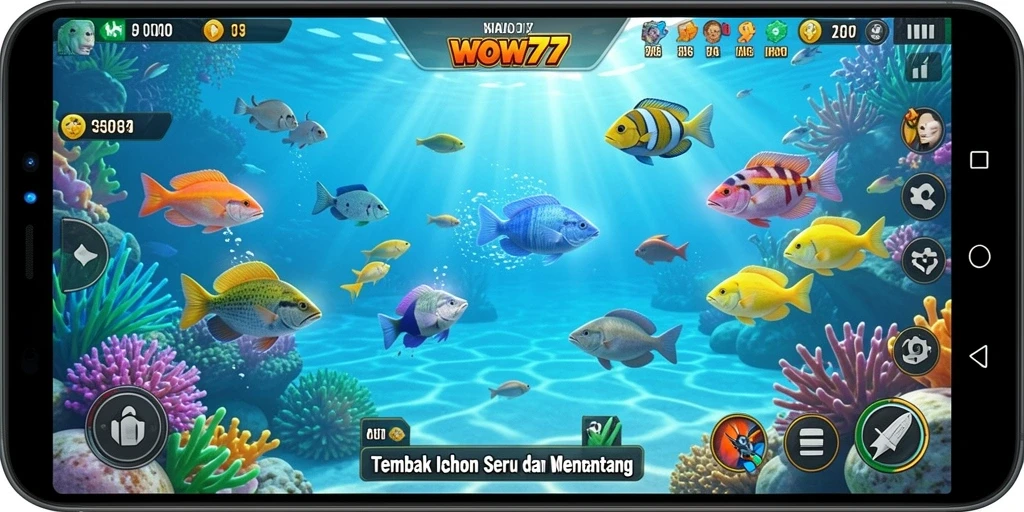 Tangkapan layar utama WOW77 menampilkan aksi menembak ikan yang mendebarkan.